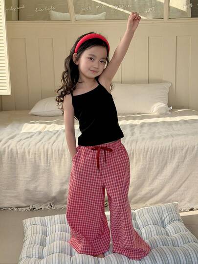 DAZY Young Girl Black Camisole And Plaid Print Slant Pocket Pants Pajama Set