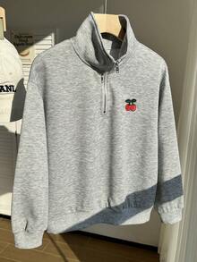 Sweetra Young Tween Girl Cherry Print Loose Fit Casual Pullover Sweatshirt With Half-Zip - Grey - View 6