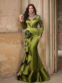 Aureia Plus Size Elegant Formal Evening Prom Dress,Olive Green Spring Sheer High Neck Rhinestone Embellished 3D Floral Mermaid Hem Train Formal Gown,Wedding - Green - View 9