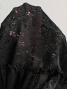 LanaWest 女士春夏西部乡村音乐风格黑色针织提花镂空V领喇叭袖A字连衣裙 - 黑色 - 查看 7