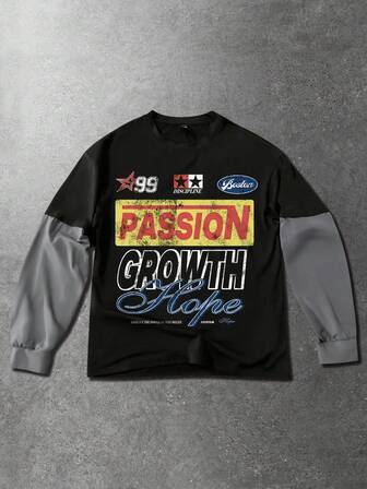 Camiseta deportiva casual de cuello redondo con estampado de eslogan para hombres, 2 en 1