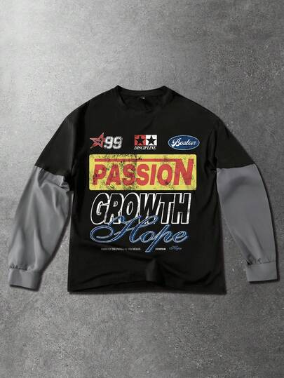 Maglietta casual da uomo con stampa slogan e scollo tondo, 2 in 1 per lo sport