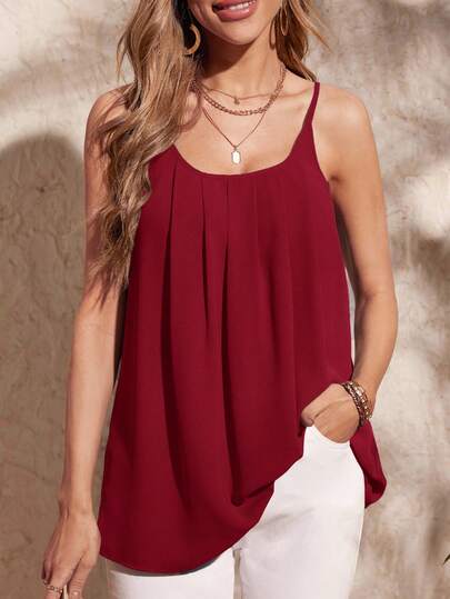 SHEIN Clasi Women's Casual Vacation & Commute Solid Color Pleated Loose Camisole, Summer