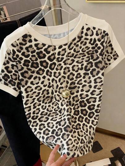 Resyla Camiseta de cuello redondo con estampado de leopardo vintage clásico y casual para mujer, adecuada para el verano