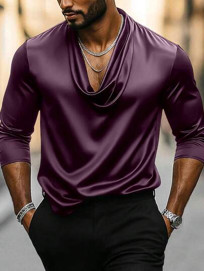 Manfinity AFTRDRK Camisa de manga larga con cuello de capucha de satén negro casual y madura para hombres Manfinity Homme, ropa de hombre, camisas de hombre - Corte slim, ideal para fiestas, Halloween, Navidad, Año Nuevo, salidas diarias y noches de citas, regalo perfecto para novios/esposos en aniversarios.