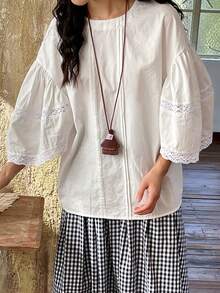 FRIFUL Women's Cotton Patchwork Sheer Lace Embroidered Loose Blouse - White - View 7
