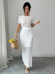 Elenzga 女士春夏新款圆领镂空修身常规弹力腰长裙套装，优雅高端日常通勤针织两件套 - 白色 - 查看 1
