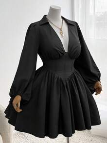 Sweetra Robe d'été ample à manches longues et coupe évasée, couleur unie. Robe de remise des diplômes - Noir - Voir 1