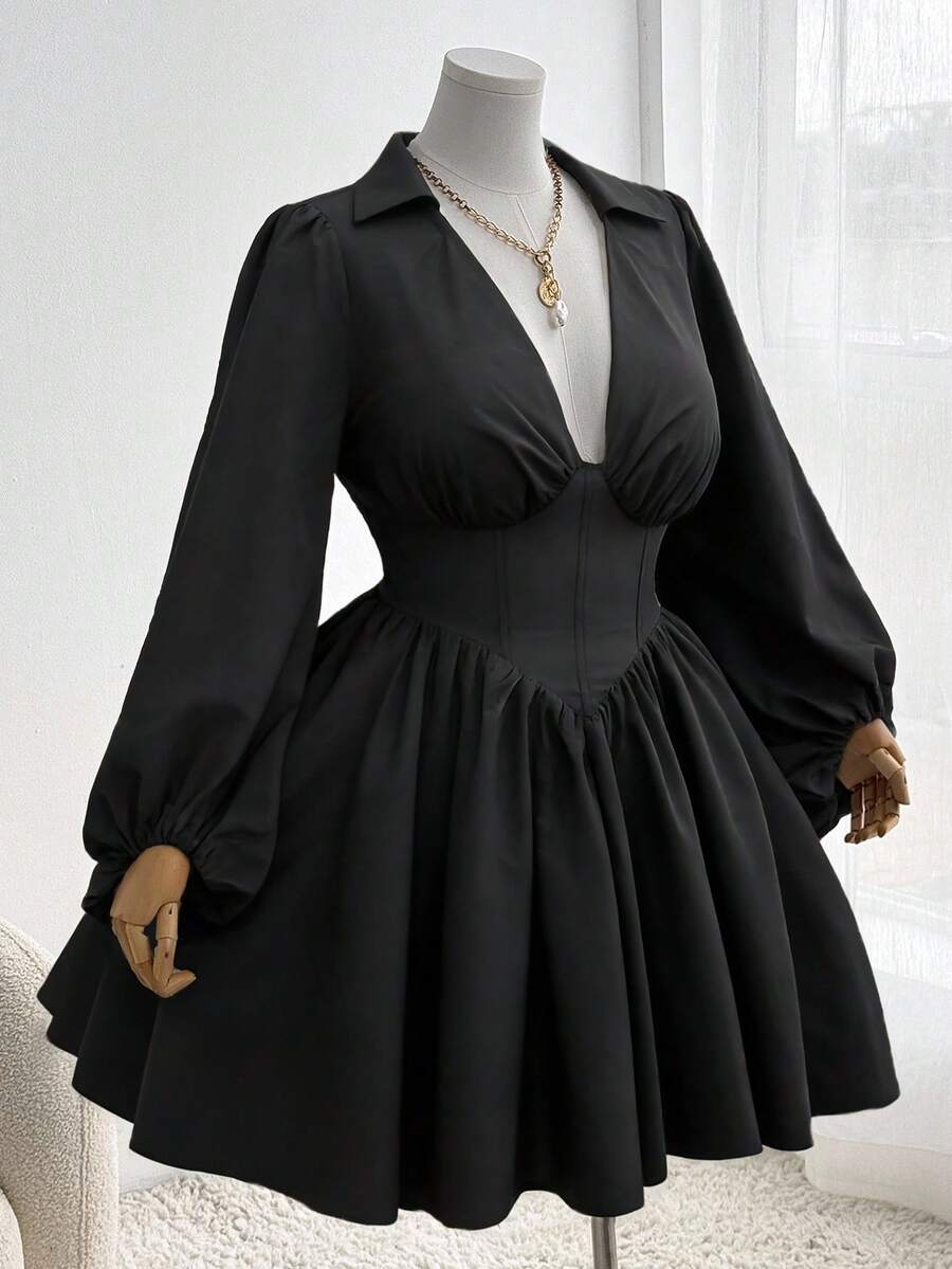 Sweetra Robe d'été ample à manches longues et coupe évasée, couleur unie. Robe de remise des diplômes - Noir - Voir 1
