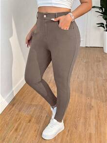SHEIN EZwear Quần ống ôm cạp cao cỡ lớn, thích hợp cho mùa xuân/hè. - Màu nâu  Mocha - Xem 3