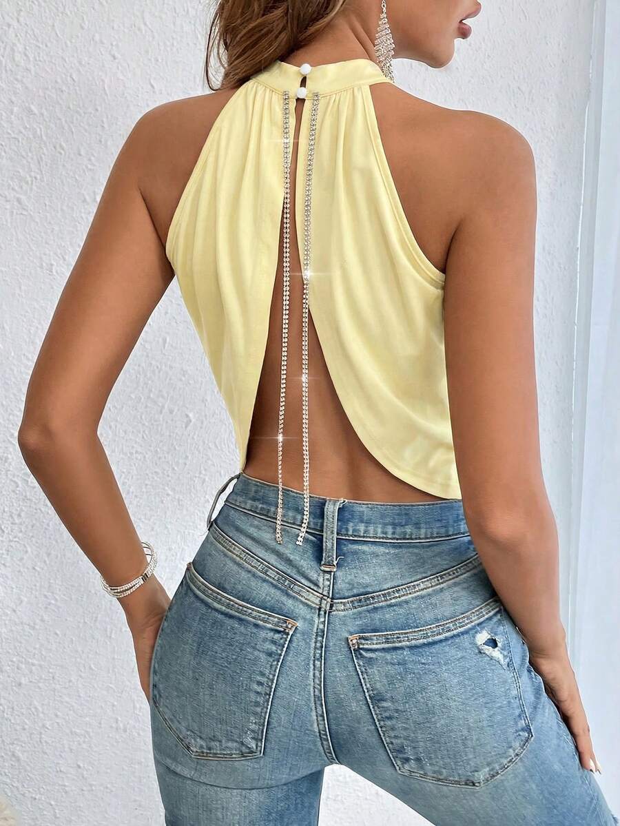 Glamine Women Light Yellow Halter Crop Tank Top With Ruched Details And Back Rhinestone Chain Sexy Asymmetrical Hem - Light Yellow - View 1