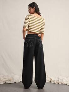 Easelle 女士休闲时尚街头风日常通勤撞色缝线星形图案宽松阔腿裤 - 黑色 - 查看 7