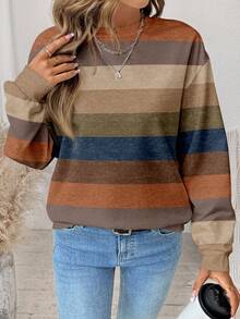 SHEIN LUNE Casual Retro Striped Contrast Color Cozy Print Pattern Crew Neck Loose Fit Women Sweatshirt, Comfortable For Spring And Autumn Carnival - Multicolor - View 3