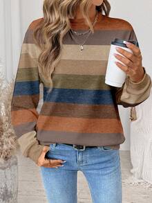 SHEIN LUNE Casual Retro Striped Contrast Color Cozy Print Pattern Crew Neck Loose Fit Women Sweatshirt, Comfortable For Spring And Autumn Carnival - Multicolor - View 5