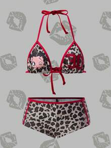 Betty Boop x SHEIN Women's Summer Vacation Beach Leopard Print Cartoon Pattern Halter Bikini Set