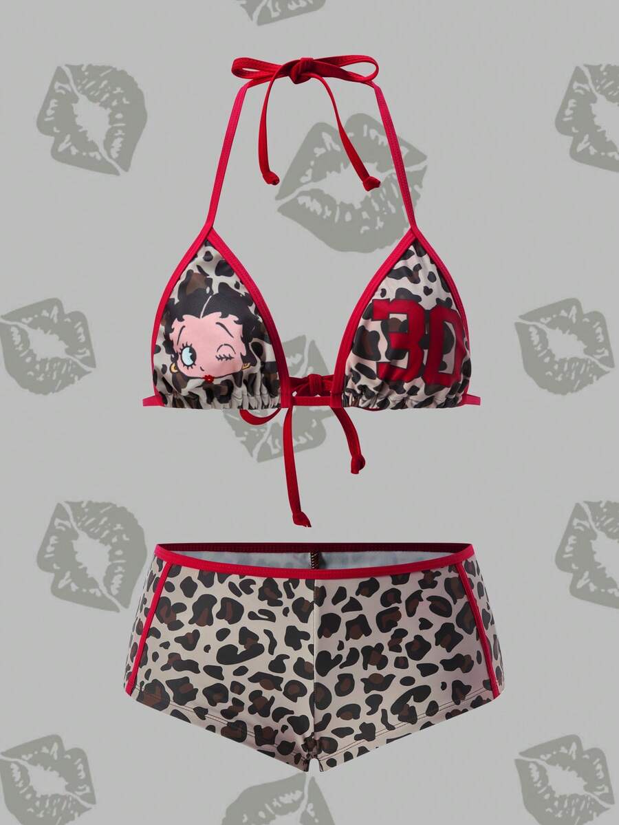 Betty Boop x SHEIN Women's Summer Vacation Beach Leopard Print Cartoon Pattern Halter Bikini Set