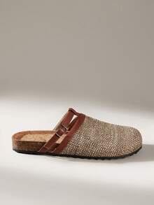 Solecia Women's Woven Textured Slip-On Sandals, Round Toe Design, Exposed Heel, Comfortable Minimalist Style, Suitable For Vacation And Commute, Brown Flat Shoes, Versatile For Casual Wear - Brown - View 3