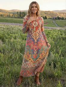 EMERY ROSE Women's Vacation Long Sleeve Knitted Patterned Round Neck Side Pocket Dress - Multicolor - View 4