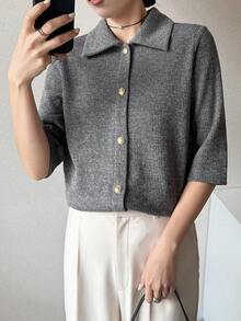 Women's Casual, Everyday, Workwear Minimalist Solid Color Single-Breasted Cardigan T-Shirt, Summer - Grey - View 1