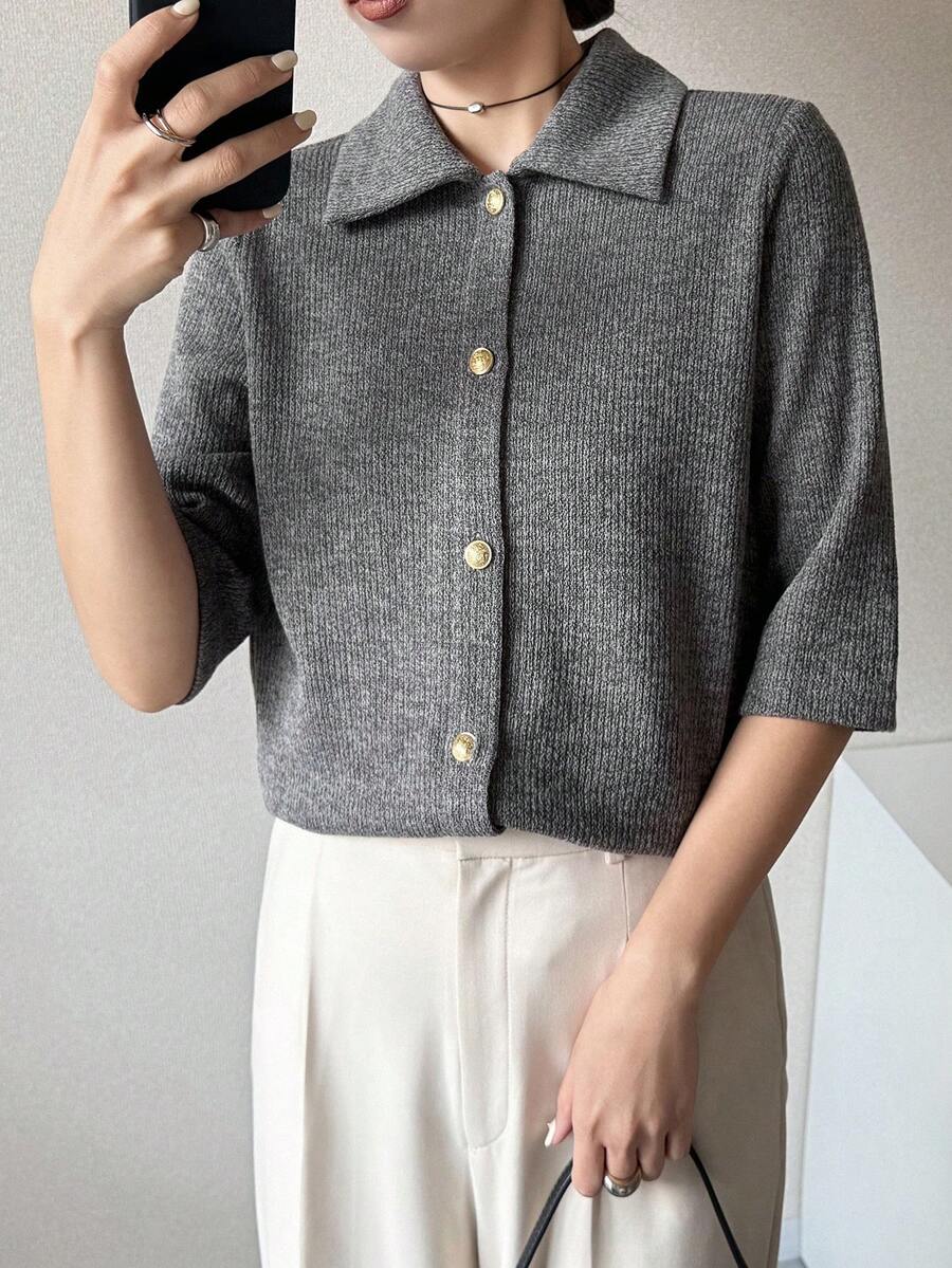 Women's Casual, Everyday, Workwear Minimalist Solid Color Single-Breasted Cardigan T-Shirt, Summer - Grey - View 1