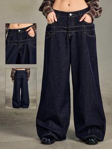 ROMWE Grunge Punk Women's Solid Color Casual Wide Leg Jeans With Dual Waistbands