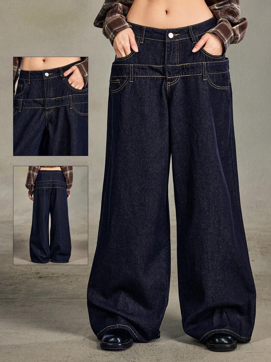 ROMWE Grunge Punk Women's Solid Color Casual Wide Leg Jeans With Dual Waistbands