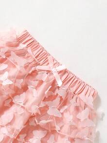 SHEIN Girls Casual 3-Layer Butterfly Net Mesh Cake Skirt, Suitable For Vacation & Leisure Outfit - Pink - View 6