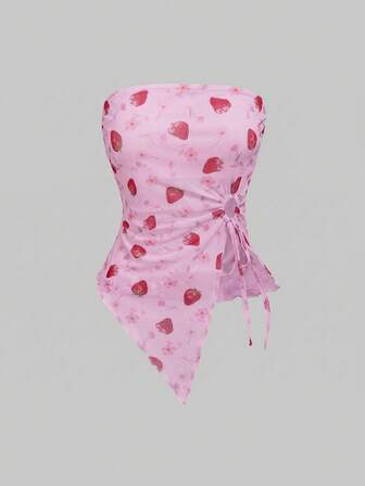 Kawaii Top tubo asimmetrico con stampa fragola, blusa in tessuto a rete stile Y2K