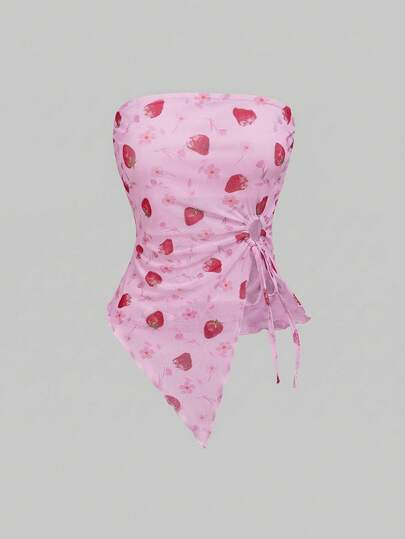 Kawaii Erdbeermuster asymmetrischer Saum Sommer Bandeau-Top, Y2K Stil Mesh Stoff Bluse