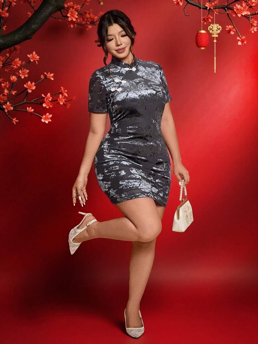 Cravure Plus Size Women's Elegant Chinese Style Black Summer Dress,Formal Evening Flocked Mesh Bodycon Qipao,Mandarin Collar Short Sleeve Curve Cheongsam - Grey - View 1