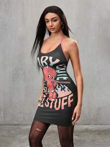 HOT STUFF X SHEIN Đầm ngắn cổ yếm thời trang mùa hè dành cho nữ với họa tiết chữ cái và hoạt hình. - Màu xám đen - Xem 5