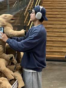 DAZY 男士字母印花圆领短款套头卫衣，海军蓝，春秋季 - 藏蓝色 - 查看 5