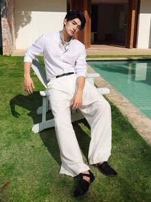 DAZY 男士休闲日常工作纯色立领长袖白衬衫，春秋季 - 白色 - 查看 5