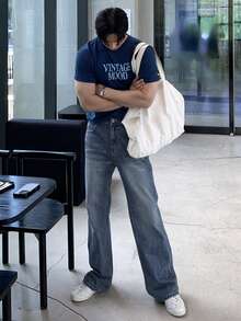 DAZY Quần jeans nam dáng thẳng, phong cách thường ngày, đa năng, kiểu dáng rách nhẹ, thích hợp cho mùa hè. - Màu xanh lam - Xem 3