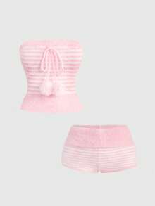 ROMWE Kawaii Coquette Cute & Innocent Girl Striped Tube Top And Shorts 2 Pieces Knit Sweater Set - Pink - View 1