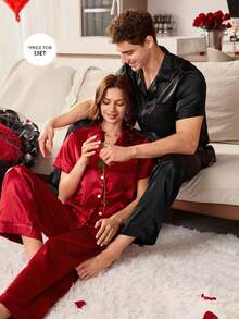 CoupledUp Men's Casual Faux Silk Short Sleeve Shirt And Pants Pajama Set, Spring - Black - View 6