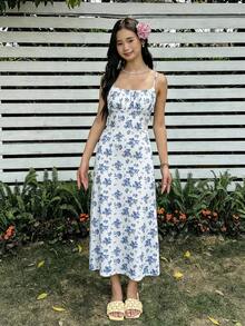 SHEIN 青少年女孩修身休闲碎花无袖连衣裙，舒适简约 - 藍色 - 查看 6