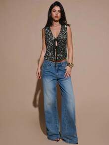 SHEIN BAE 女士V领系带亮片拼接时尚百搭约会派对上衣 - 黑色 - 查看 3