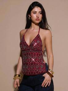 SHEIN BAE Áo thời trang nữ gợi cảm hở lưng cổ yếm đính đá và sequin - Màu Đỏ Sâu - Xem 5