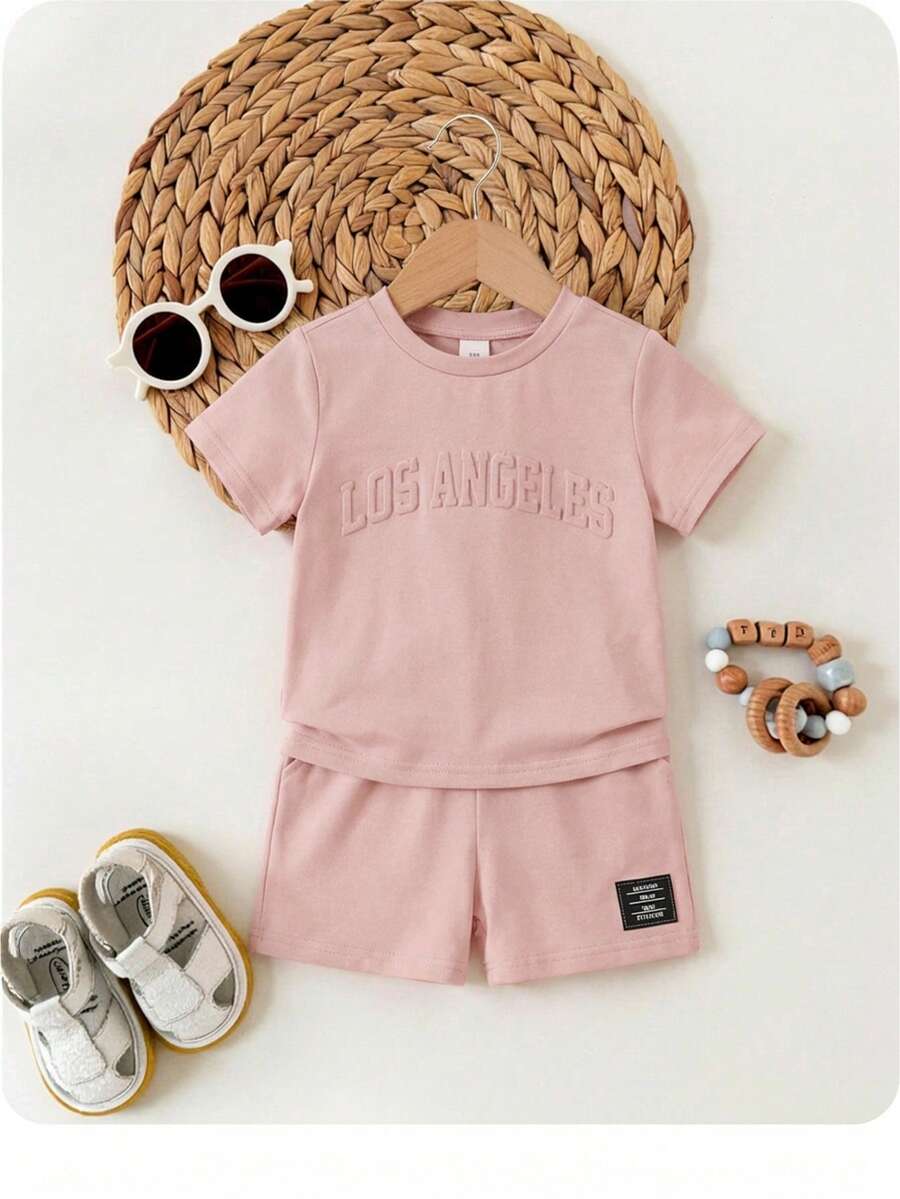 2pcs/Set Unisex Baby Letter Graphic Round Neck Short Sleeve T-Shirt & Casual Shorts Set - Dusty Pink - View 1