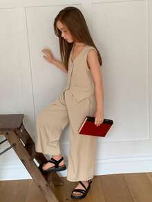 DAZY 2pcs Tween Girl Tween Girls Solid V-Neck Sleeveless Vest + Wide Leg Pants Set, Fall - Apricot - View 5