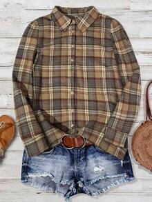 Linhara Áo sơ mi dài tay kẻ caro cỡ lớn, cài cúc phía trước, kiểu dáng thường ngày, đa năng. - Nhiều màu - Xem 5