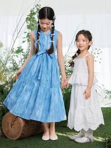 DAZY 少女荷叶边下摆圆领前扣无袖连衣裙 - 藍色 - 查看 7