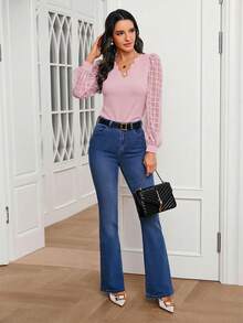 SHEIN Clasi Women's Pearl Edge Transparent Mesh Puff Sleeve Shirt Splicing Black Top - Coral Pink - View 3