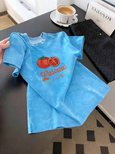 Resyla Women's Tomato Graphic Colorblock Funny Y2K Oversized Short Sleeve T-Shirt, Casual Street Style, Spring/Summer