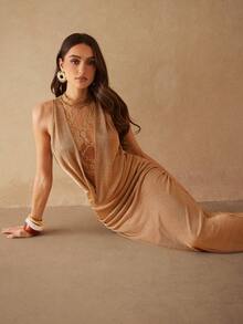 Silquee Women's Elegant Contrast Lace Sleeveless Draped Neck Dress, Summer ,Summer Dress,Spring Dresses For Women - Gold - View 7