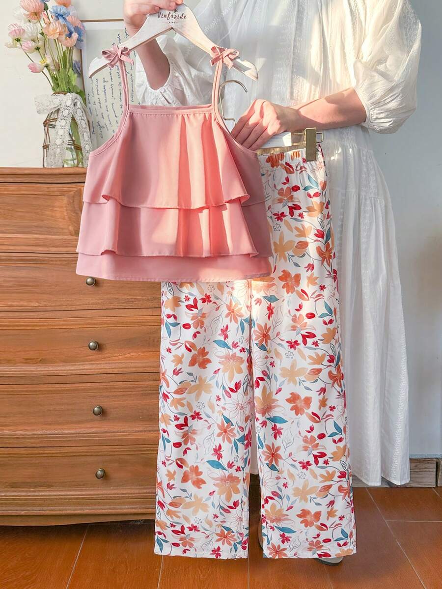 Vintaside Kids Girls' Sleeveless Elegant Camisole Top And Casual Digital Printed Pants Set, Suitable For Spring/Summer Outings, Vacations Or Daily Casual Wear