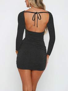 INAWLY 女士优雅纯色性感露背紧身连衣裙，秋季 - 深灰色 - 查看 2