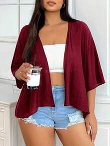 SHEIN EZwear Summer Short Thin Lightweight Textured Plus Size Short Jacket In Fall/Winter Women's Cardigan Summer Cardigan - Burgundy - View 3