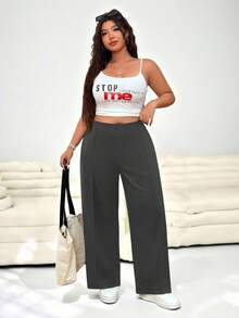 Solflare Women Plus Size Solid Gray Minimalist Straight Leg Office Pants, Suitable For Graduation, Back To School, Teacher In Fall/Winter - Dark Grey - View 5